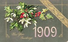 Vintage 1909 Postcard New Year Greetings Holly Gold Foil Embossed Art picture
