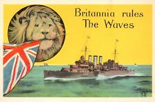 Postcard British Royal Navy 'Britannia Rules the Waves' Lion Flag Battleship picture