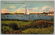 Harbor View Falmouth Cape Cod Massachusetts Sailboats Shore Linen PM Postcard picture