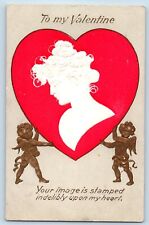 Valentine Postcard Pretty Woman In Big Heart Cupid Angel Embossed c1905 Antique picture