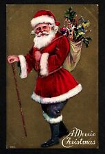 5004 Antique Vintage Postcard A MERRIE CHRISTMAS Santa Claus Cane Bag Toys Gold picture