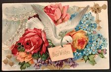 Beautiful Antique Postcard Best Wishes Dove Roses Lace & Forget Me Nots picture