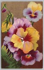 Winsch Back~Gold Bkgd~Birthday Greetings~Pink Purple & Yellow Flowers~PM 1912 PC picture