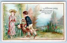 1880's-1890's CHRISTMAS VICTORIAN EMBOSSED CARD*BOY & DOG BRING GIFTS TO GIRL picture