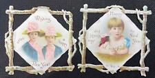 1880's SET/2 VICTORIAN DIE CUTS NEW YEARS TWIGS GIRLS PINK HATS DRESSES CHILD picture