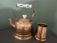 Vintage Copper Tea Pot Kettle With Blue White Delft Porcelain Handle Lid With + picture