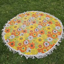 Vintage 1970s Tablecloth Floral Yellow Orange Fringe Retro Daisy Round 62 Inch  picture