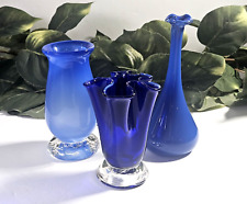 Lot (3) Vintage Blue  Hand Blown Art Glass Bud Vases Window Art picture