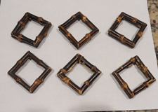Set of 6 Square Stacked Natural Chocolate Burnt Bamboo Napkin Rings Tiki Bar Box picture