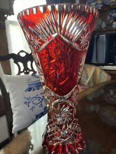Large Red Clear Cut Crystal Vase Bohemian 12 3/4 Inches picture