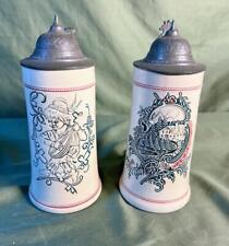 Old Set of Two German Pottery Pewter Lidded Handled Beer Drinking Stein Steins picture