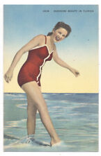SEASHORE BATHING BEAUTY Katy Turner Cypress Gardens FL Water Skier 1940s LINEN picture