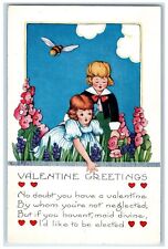 c1910's Valentine Greetings Hearts Girls Flowers Bee Embossed Antique Postcard picture