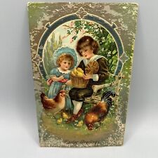 Antique Postcard Easter Greetings Two Girls With Family Of Chickens Unposted picture