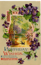 Postcard Birthday Greetings Embossed Purple Flowers Lake Tree -9577 picture