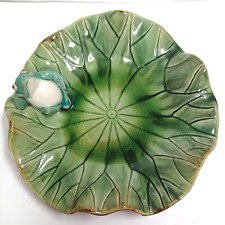 VTG Lounging Frog on Lily Pad Green Glazed Ceramic Table Display Art Decor Round picture
