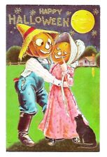 Early 1900's Halloween Postcard Pumpkin Head Couple with Black Cat picture