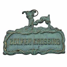 VTG Patina Brass Golfer Crossing Wall Plaque Fairway Sign picture