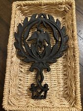 Vintage Black Cast Iron Footed Trivet Eagle Heart Laurel Wreath 8.5” x 5.5” picture