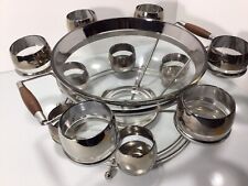 VTG Mcm PUNCH BOWL W Carrying Rack 12 ROLY POLY GLASSES BARware 60’s Teak Chrome picture