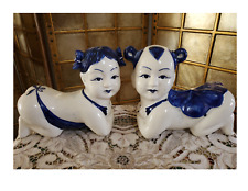 VINTAGE BLUE AND WHITE PAIR OF CHINESE BOY AND GIRL INFANT picture