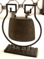 PRIMITIVE SPIRITUAL TIBETAN / ASIAN WOODEN BELL GONG ON IRON STAND WOOD BASE  picture