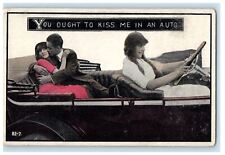 c1910's Girl Driving Auto Car Couple Kissing At Back Posted Antique Postcard picture