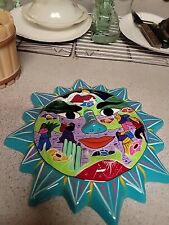 Mexican Isidora Pottery Grining Sun Chupacabra Face Wall Hanging Brilliant Color picture