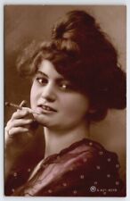 RPPC Edwardian Glamour Girl Holding Cigarette Tinted Photo Postcard B35 picture