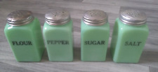(4) Vintage McKee Jadeite Glass Deco Salt Pepper Flour Sugar Shakers 4 1/2