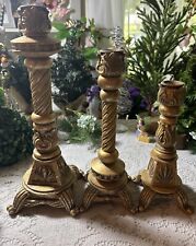Set Of 3 Golden Hollywood Regency Tapered Candleholders Heavy Ceramic Approx 5lb picture