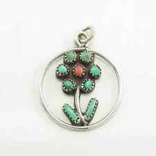 Vintage Zuni Turquoise, Coral Flower Sterling Silver Pendant picture