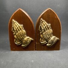 Vintage Italy Wood & Plastic -Brass Look- Praying Hands Bookends - Set Of 2 picture