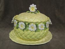 Vintage 1970s Lefton China Japan Yellow Lattice White Flower Oval Tureen w/plate picture