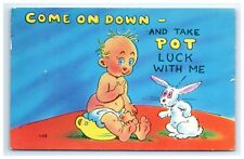 Postcard Humor Come on Down Take Pot Luck Posted 1955 Baby Potty Bunny Chrome picture