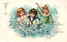 To My Dear Valentine Three Baby Girls Tiny Petals Valentine's Vintage Postcard picture