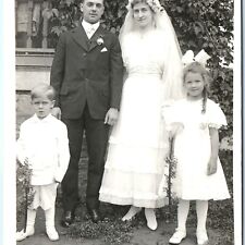 c1910s Lovely Newlywed Couple RPPC Children Handsome Boy Cute Girl Married A151 picture