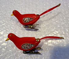 Vintage Set Rare 1960s Flocked 2 Red Birds Clip On Christmas Ornaments 5