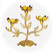 Vintage Hollywood Regency Golden Metal Flowers & Leaves Candle Holder picture