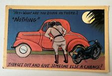 Comical Red Car Policeman Motorcycle Full Moon Romantic 1942 Vintage Postcard picture