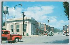 Blissfield MI Postcard 1957 Downtown Color View 1950s Cars Trucks & Businesses picture