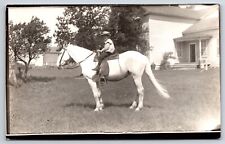 RPPC Young Boy Child Learning Horse Riding Pretty White Horse Sun Hat Postcard picture