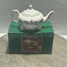 A Cup of Christmas Tea Holiday Ceramic Teapot Holly & Berries, Plate and Doily picture