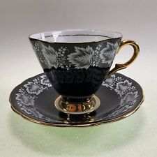Royal Windsor Bone China Teacup & Saucer - England - Black w/ White Leaves picture