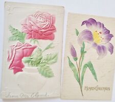 2 Antique Heavily Embossed Floral Postcards Roses Lily picture