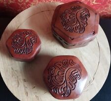3 Vintage Peruvian Tooled Leather Ring Jewelry Hexagonal Trinket Nesting Boxes  picture
