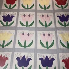 Vintage Handmade Tulip Appliqué Quilt Pastel Colors 71” x 77 Dated 1985-86 picture