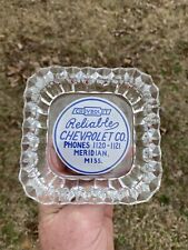 RARE VINTAGE EARLY CHEVROLET ADVERTISING ART DECO GLASS ASHTRAY MERIDIAN, MISS. picture