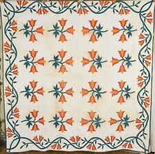 Well Quilted Vintage 1870's Red, Green & Cheddar Tulip Applique Antique Quilt picture