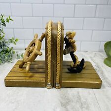 Vintage Nautical Bookend Set Anchor Ship Wheel & Rope Wood By Maison Int’l picture